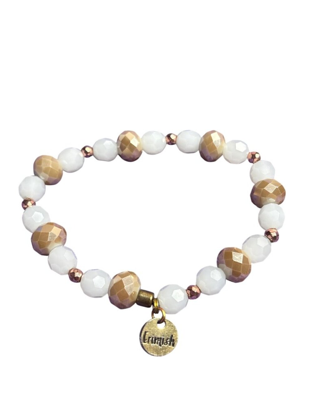 Ermish White Beige Goldtone Faceted Glass Beaded Stretchy Bracelet 7 inches Unst